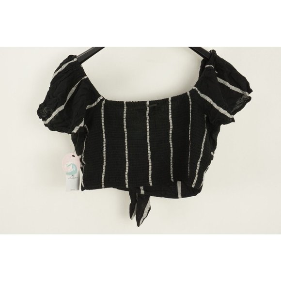 New Volcom Coco Tie Chest Black Striped V-Neck Crop Top Women's M Light Viscose - Picture 5 of 9